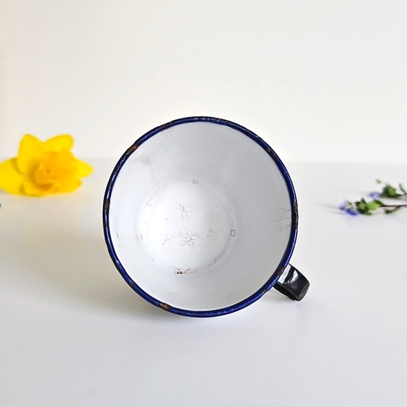 Antique K.E.R. Sweden White Enamelware Cup Blue White Trim Coffee Small Teacup - Picture 5 of 16